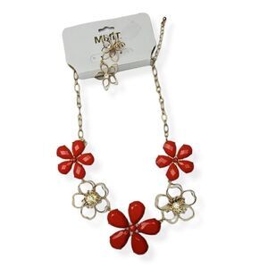 MIXIT coral color flower necklace with earring set